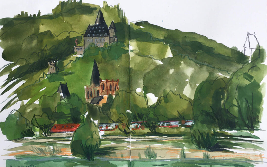Blick von Heyles’en Werth auf Burg Stahleck in Bacharach