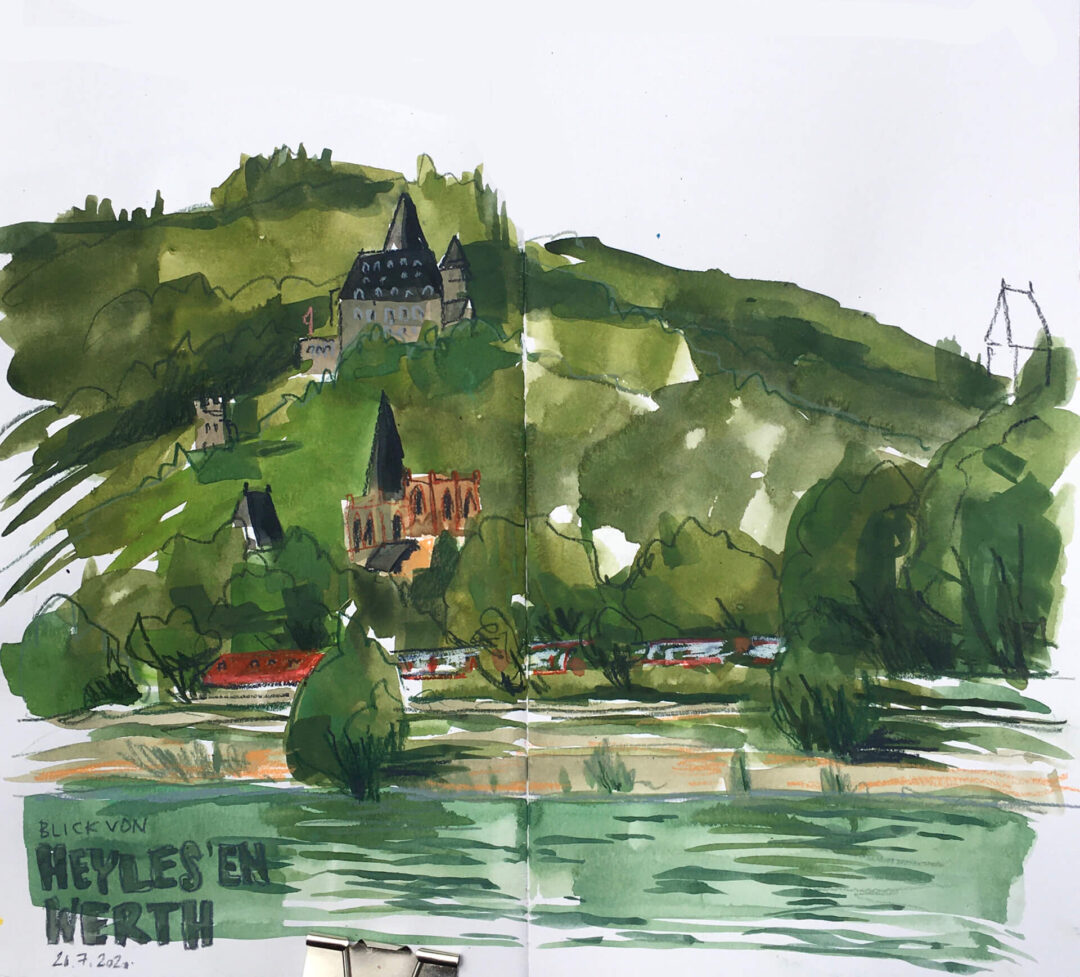 Urban Sketching der Burg Stahleck in Bacharach (von der Insel Heyles'en Werth gezeichnet)